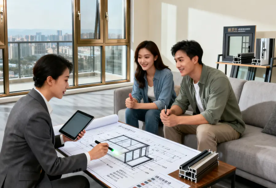 设计师与客户讨论门窗设计的专业场景