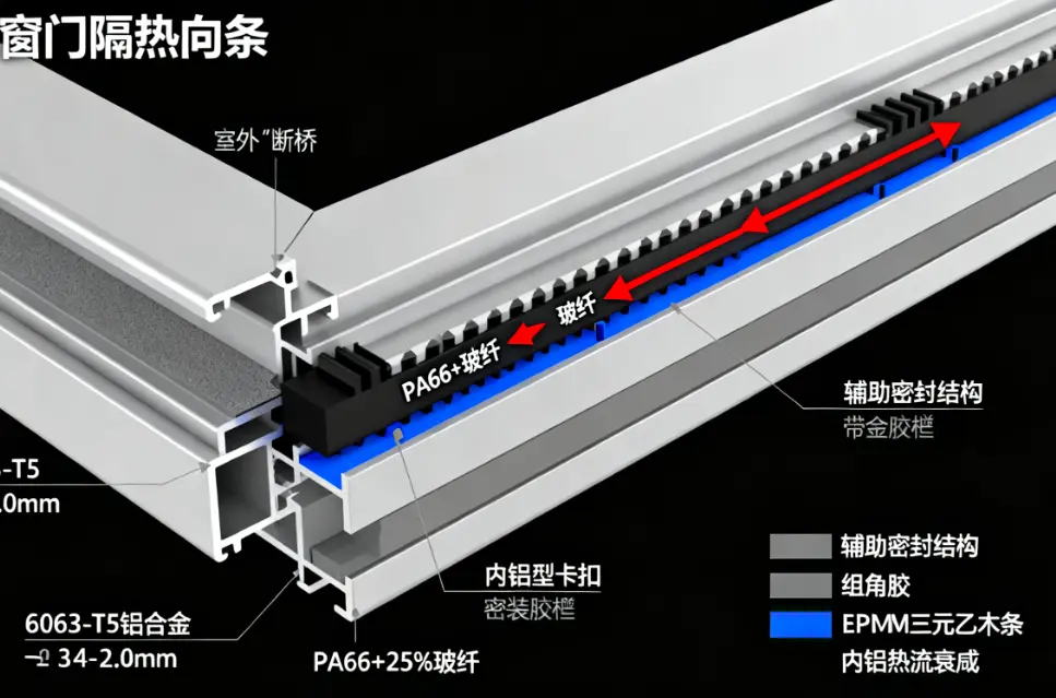 断桥铝门窗隔热条剖面结构示意图