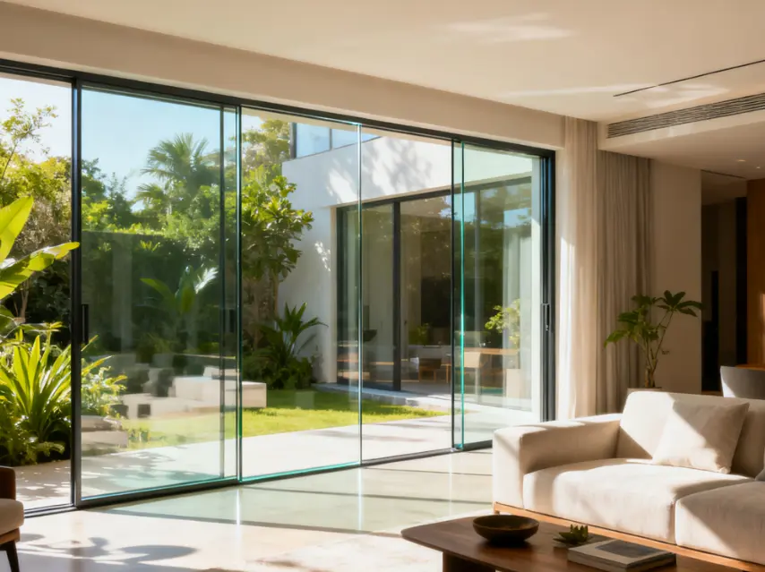 现代节能门窗玻璃在家庭中的应用场景,展示透明隔热效果。
