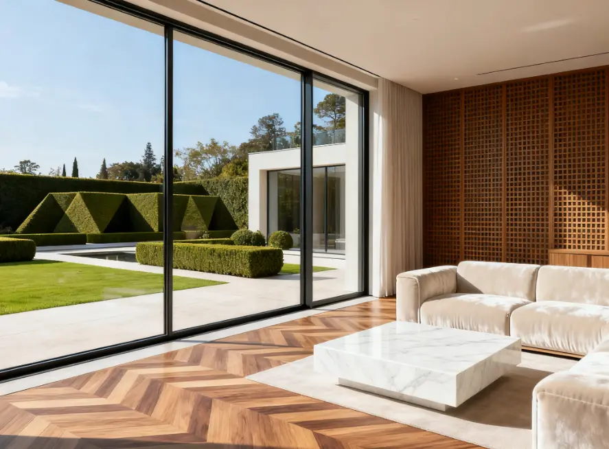 现代别墅中莜歌铝业定制的大型全景落地窗效果。