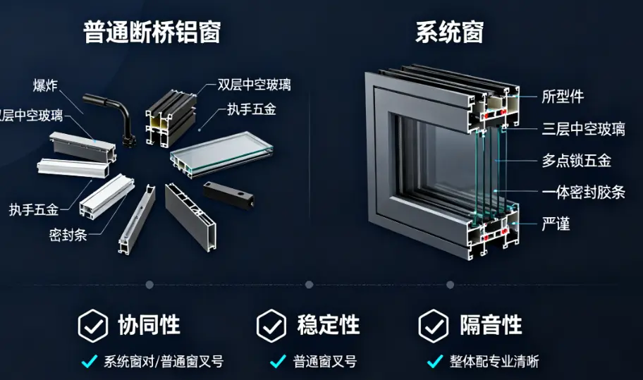 系统窗与普通断桥铝窗在设计与协同性上的核心区别对比图。