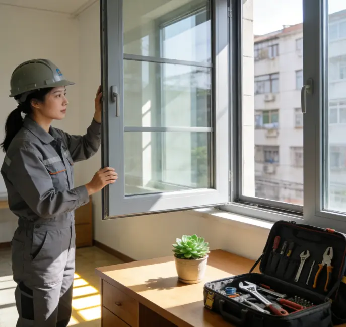 专业师傅为老旧小区进行窗户更换施工