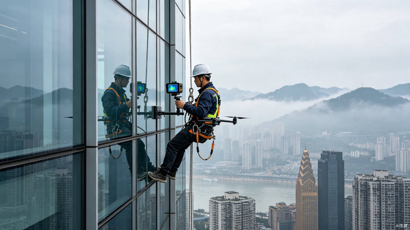 重庆专业幕墙工程师使用检测设备对高层建筑玻璃幕墙进行全面检测评估